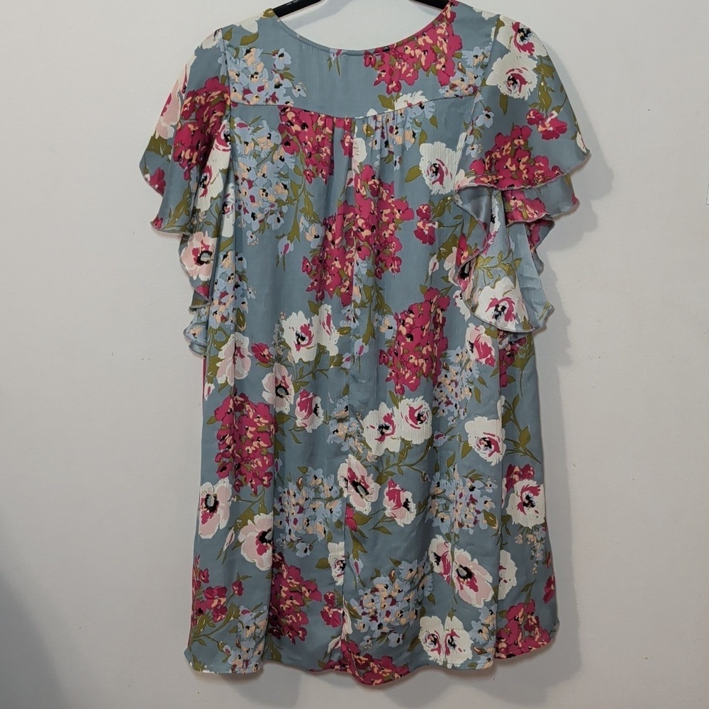 Umgee Floral Flutter Sleeve Mini Dress Blue Pink White Green Boho Women's Size S - Picture 6 of 6